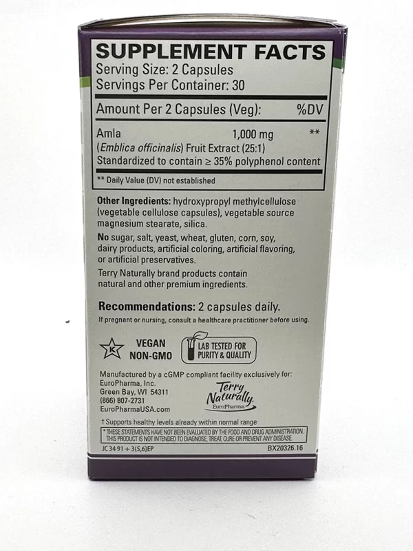 EuroPharma/Terry Naturally - Healthy Cholesterol with Amla - 60 Capsules (EXP 2/25-older look in stock) - Image 2